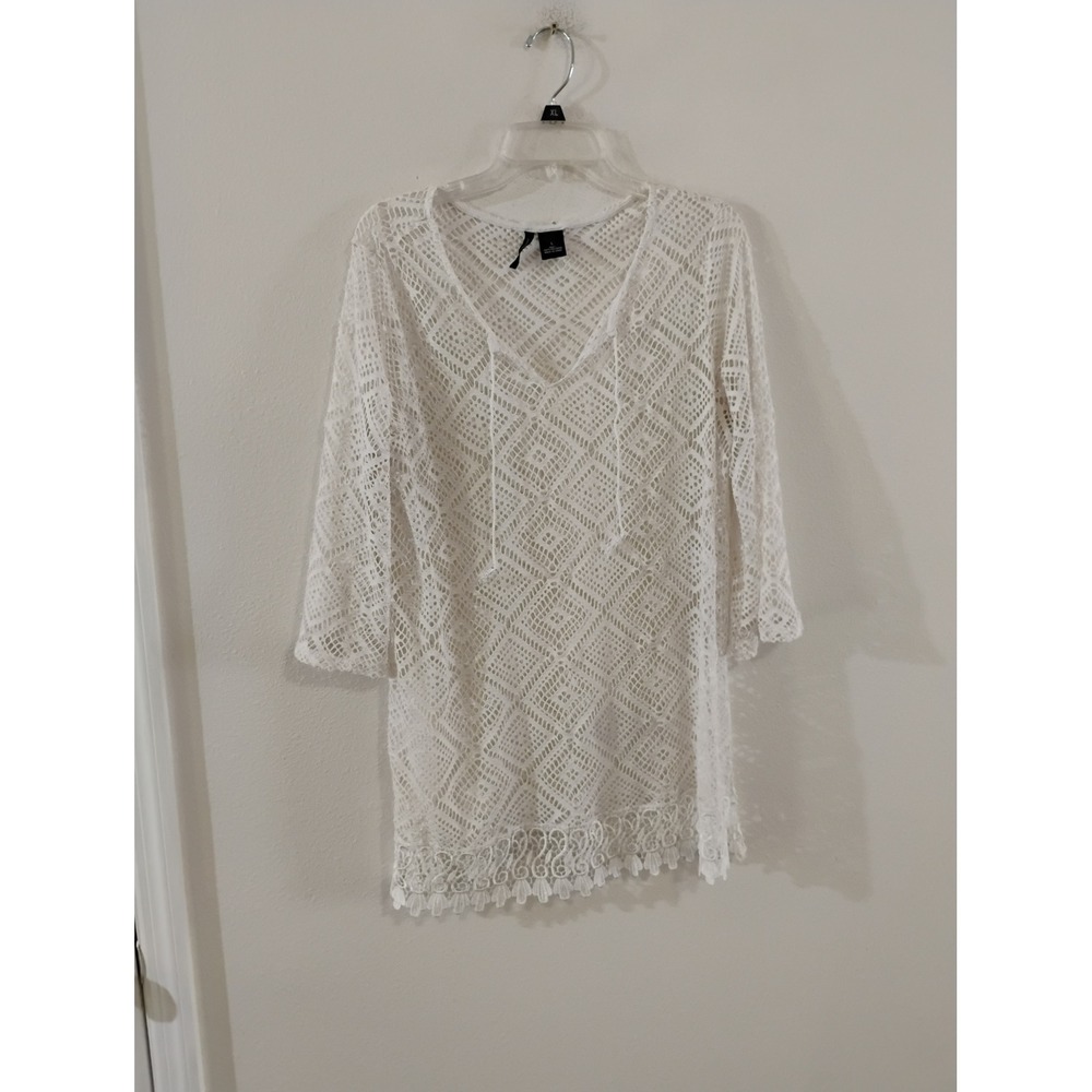New Directions White Crochet Lace Swim Cover Up Tunic V-Neck Tassel Hem Large